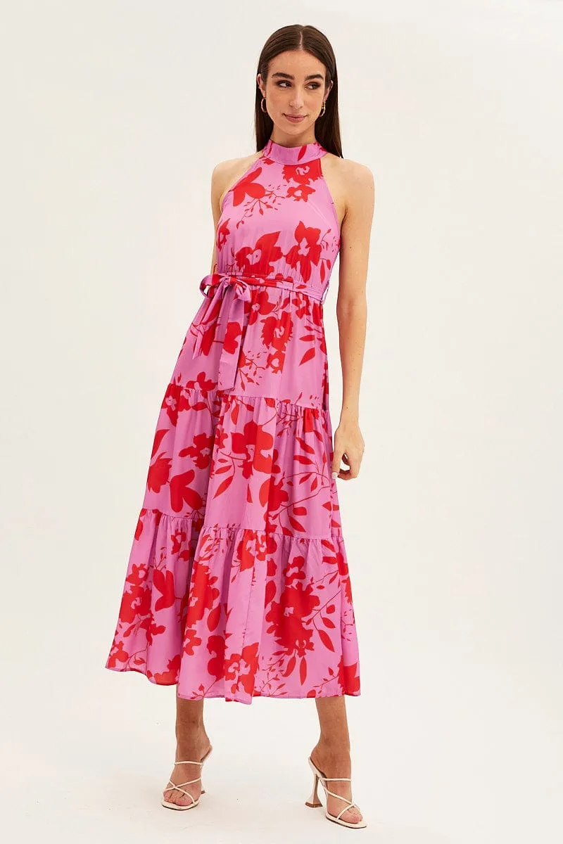 Pink Floral Halter Neck Floral Maxi Dress sold by Ally Fashion