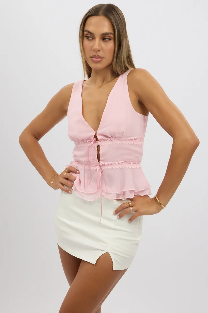 Pink Tie Front Top Sleeveless Chiffon sold by Ally Fashion