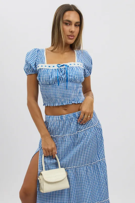 Blue Check Square Neck Puff Sleeve Lace Trim Top sold by Ally Fashion