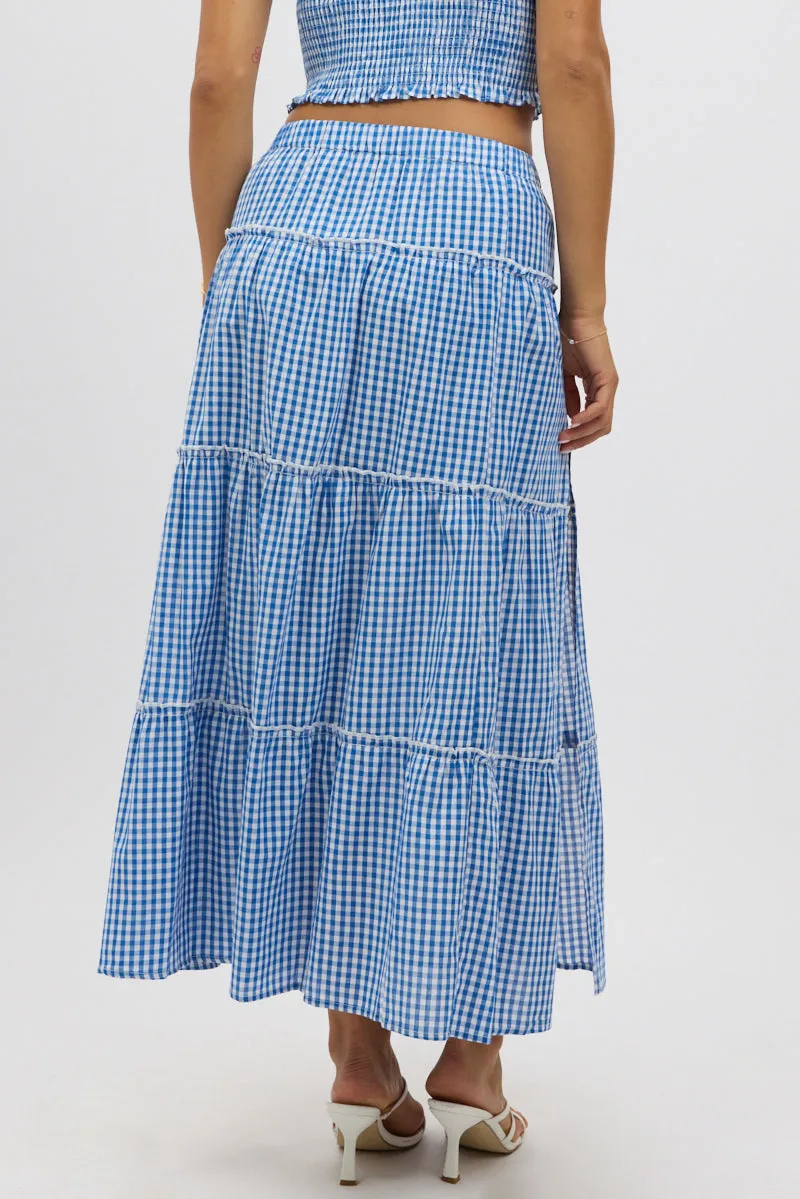 Blue Check Tiered Maxi Skirt Elastic Waist Slit Ruffle sold by Ally Fashion product image thumbnail 5