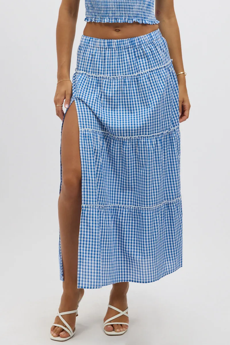 Blue Check Tiered Maxi Skirt Elastic Waist Slit Ruffle sold by Ally Fashion product image thumbnail 2