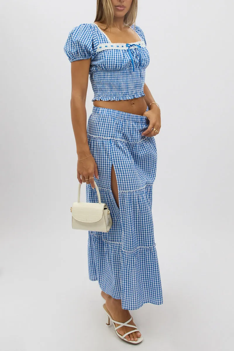 Blue Check Tiered Maxi Skirt Elastic Waist Slit Ruffle sold by Ally Fashion product image thumbnail 3