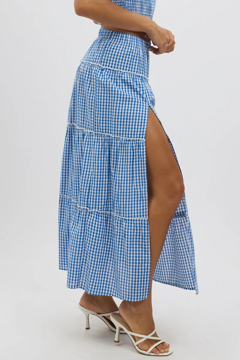 Blue Check Tiered Maxi Skirt Elastic Waist Slit Ruffle sold by Ally Fashion product image thumbnail 4