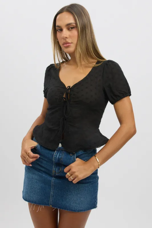 Black Tie Up Top Short Sleeve Eyelet sold by Ally Fashion