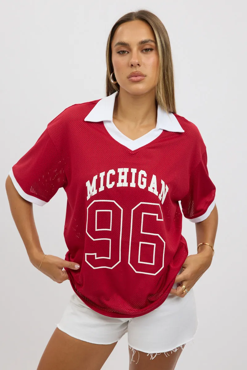 Red Sport Tee Collar Short Sleeve sold by Ally Fashion