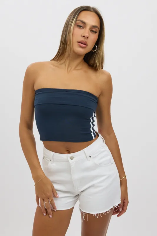 Blue Bandeau Top Side Stripe Fold Over sold by Ally Fashion