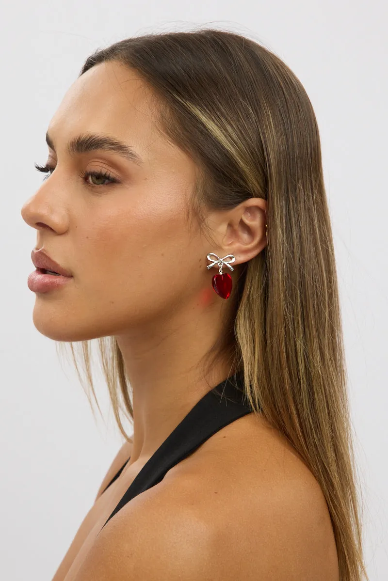 Red Bow Earrings with Heart sold by Ally Fashion
