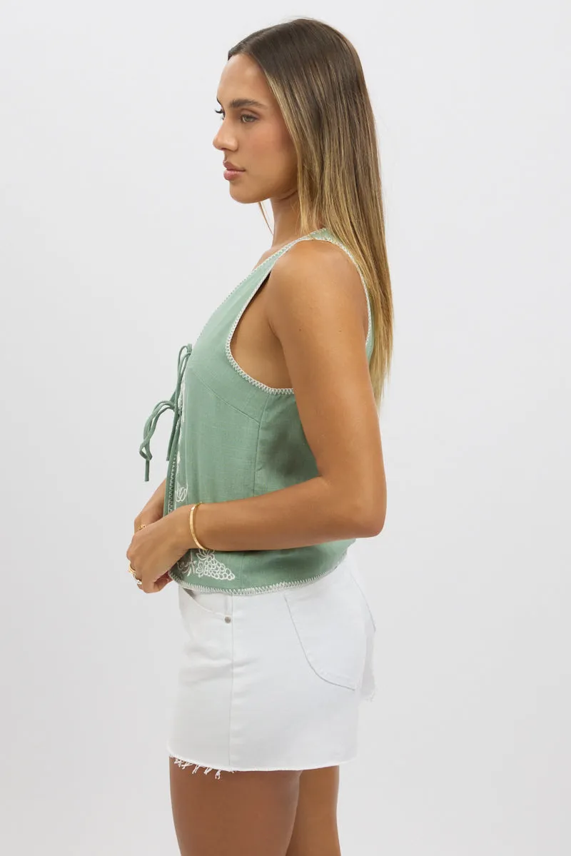 Green Linen Vest Sleeveless Embroidery sold by Ally Fashion product image thumbnail 4