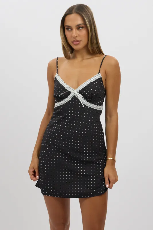 Black Polka Dot Mini Dress V-Neck Strappy sold by Ally Fashion