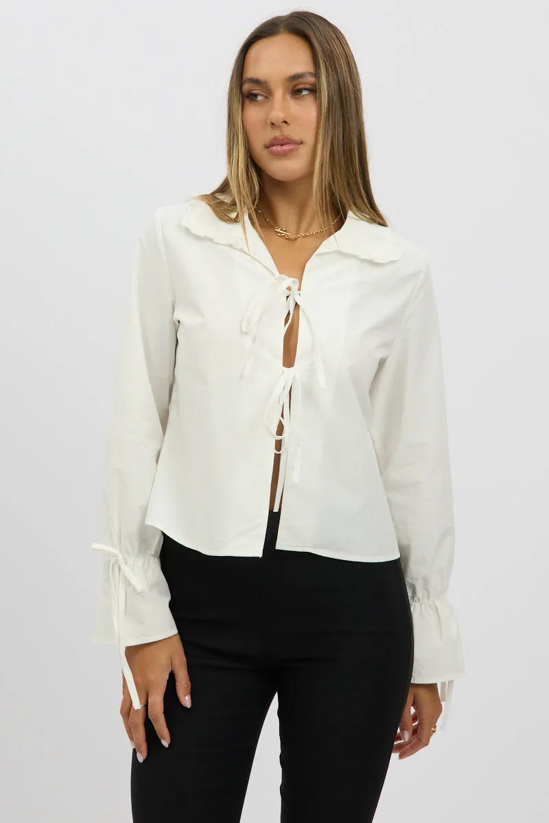 White Tie Up Shirt Long Sleeve Peter Pan Collar sold by Ally Fashion product image thumbnail 3