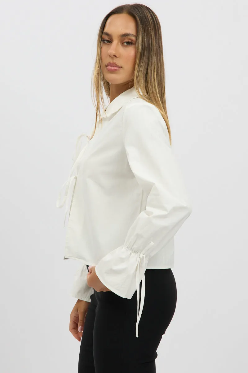 White Tie Up Shirt Long Sleeve Peter Pan Collar sold by Ally Fashion product image thumbnail 4