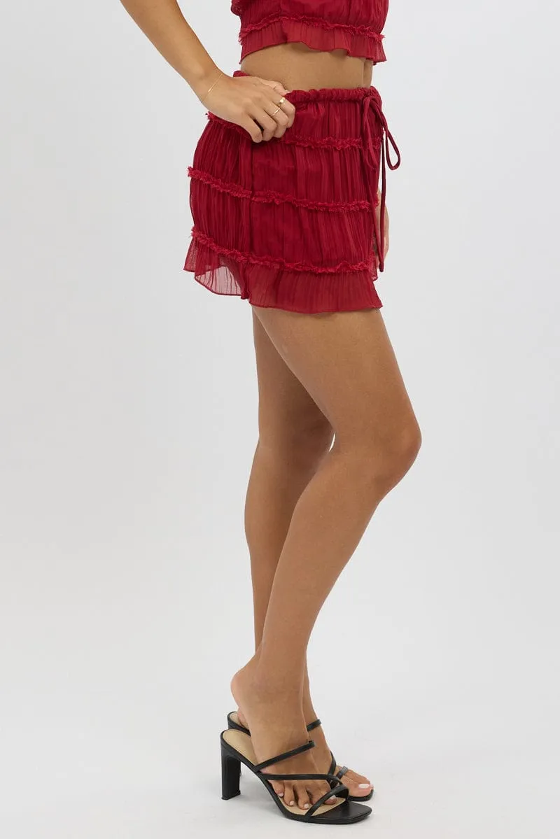 Red Mini Skirt Mid Rise Shirred Detail Lined Bloomers sold by Ally Fashion product image thumbnail 4