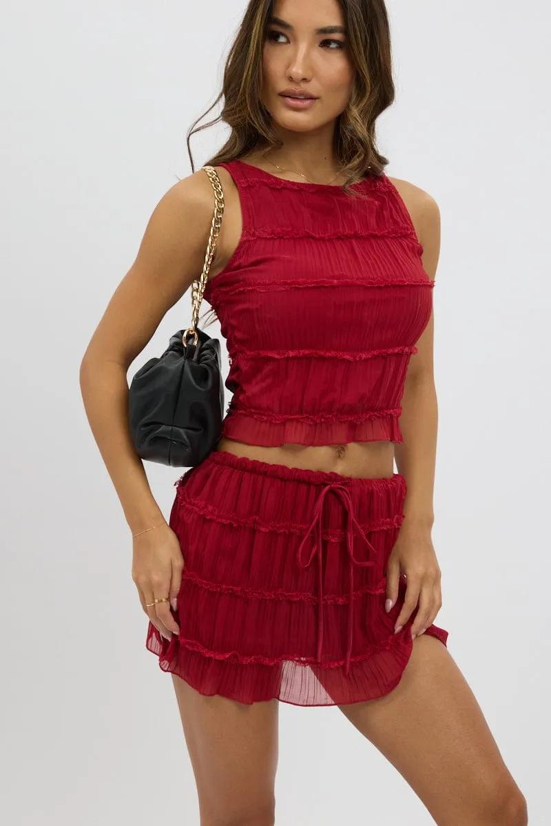 Red Mini Skirt Mid Rise Shirred Detail Lined Bloomers sold by Ally Fashion product image thumbnail 3