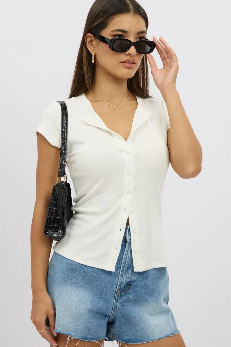 White Button Front Top Short Sleeve sold by Ally Fashion