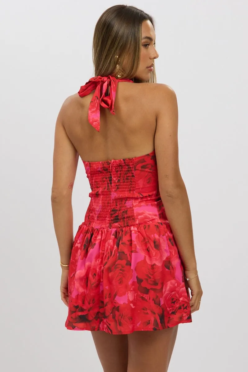Red Floral Halter Neck Mini Dress sold by Ally Fashion product image thumbnail 5