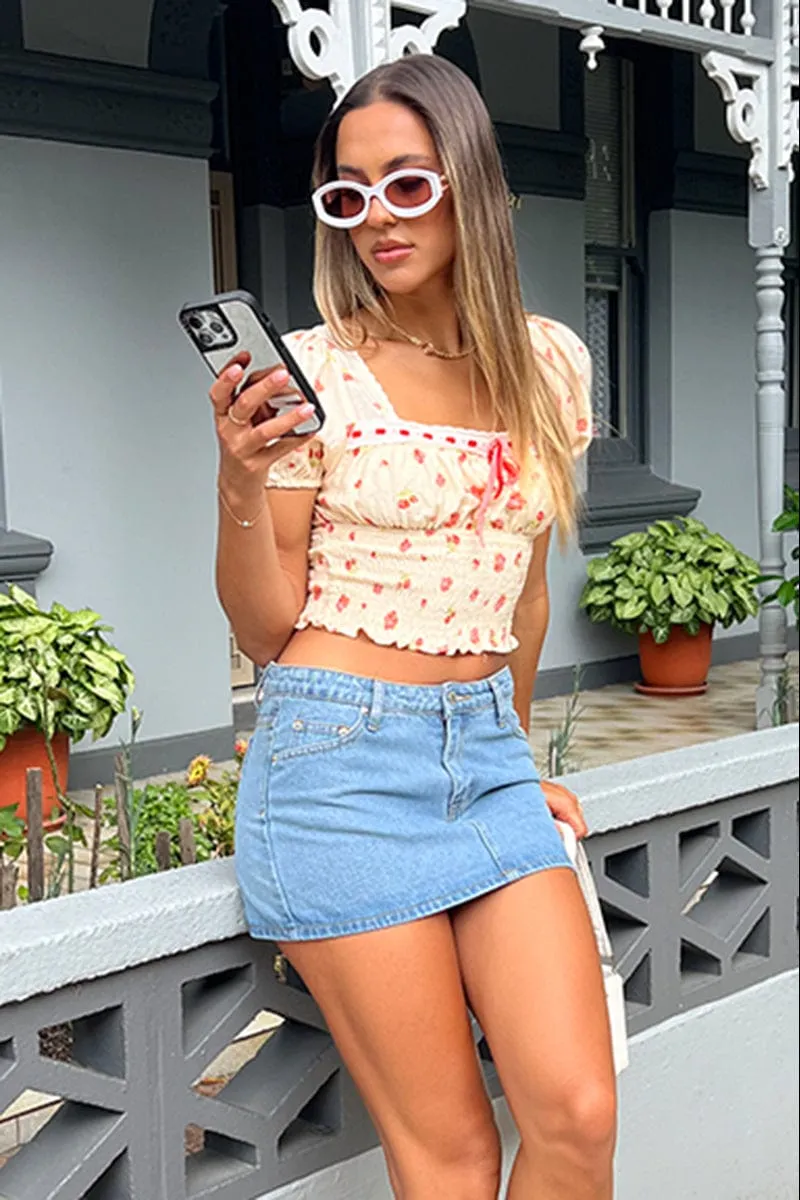 Multi Ditsy Square Neck Puff Sleeve Lace Trim Top sold by Ally Fashion