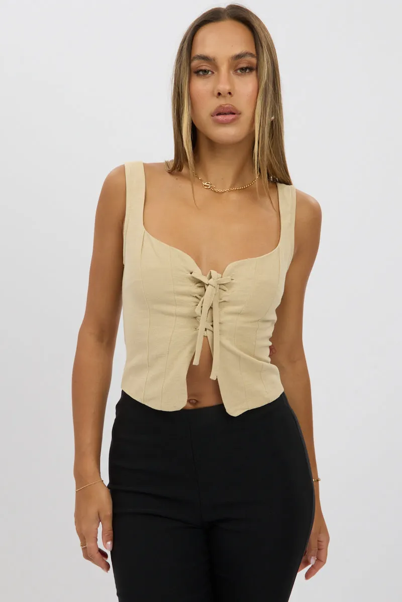 Beige Top Sleeveless Open Front Lace UP sold by Ally Fashion product image thumbnail 3