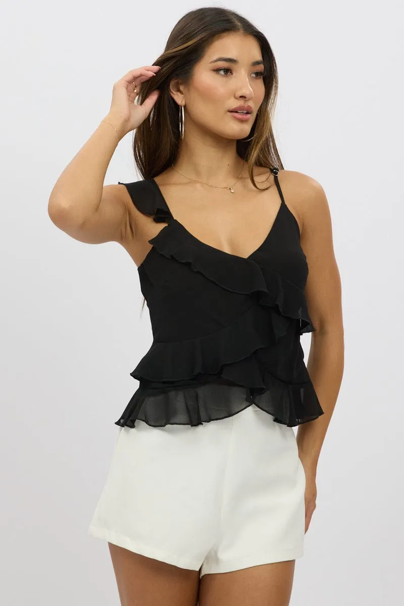 Black Cami Top Sleeveless Crossover Ruffled Details sold by Ally Fashion