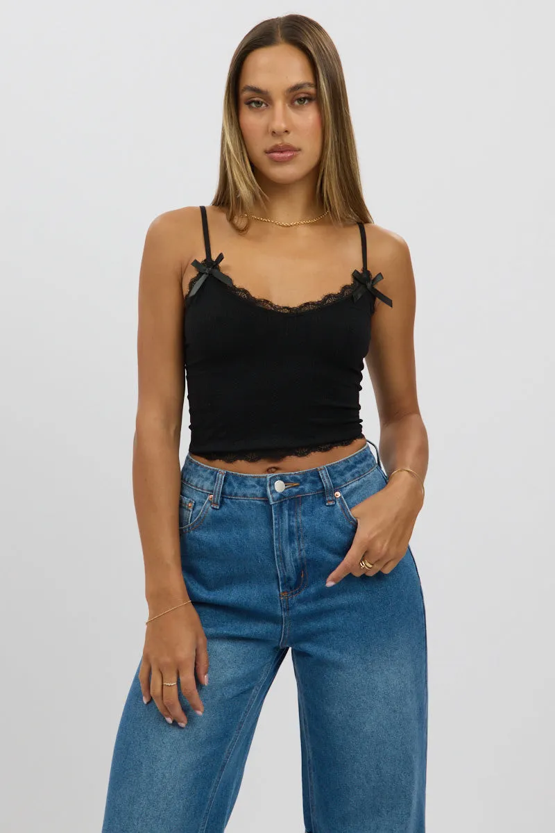 Black Cami Top Ribbon Lace Neck sold by Ally Fashion product image thumbnail 3