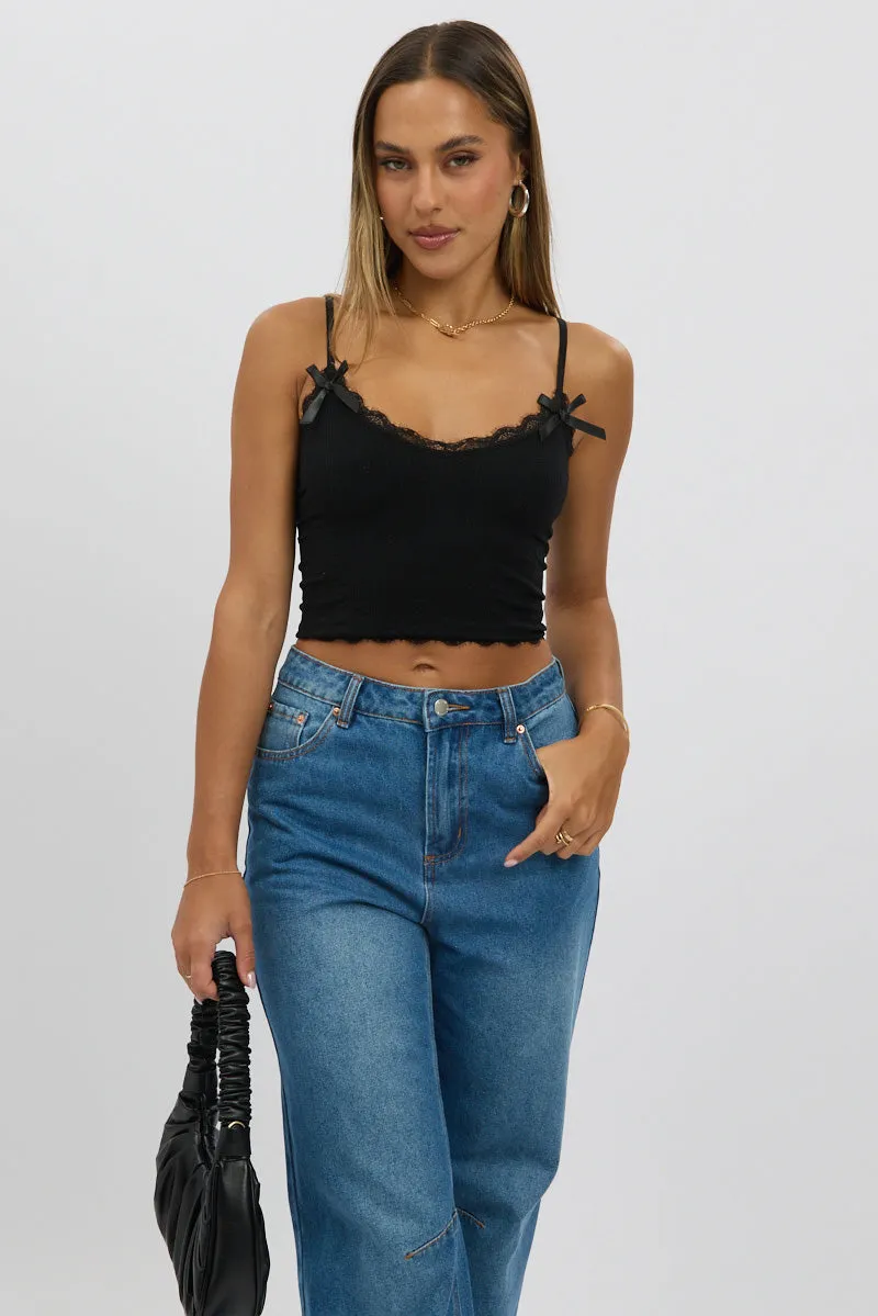 Black Cami Top Ribbon Lace Neck sold by Ally Fashion