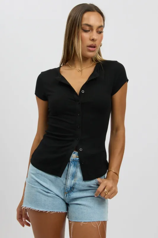 Black Button Front Top Short Sleeve sold by Ally Fashion