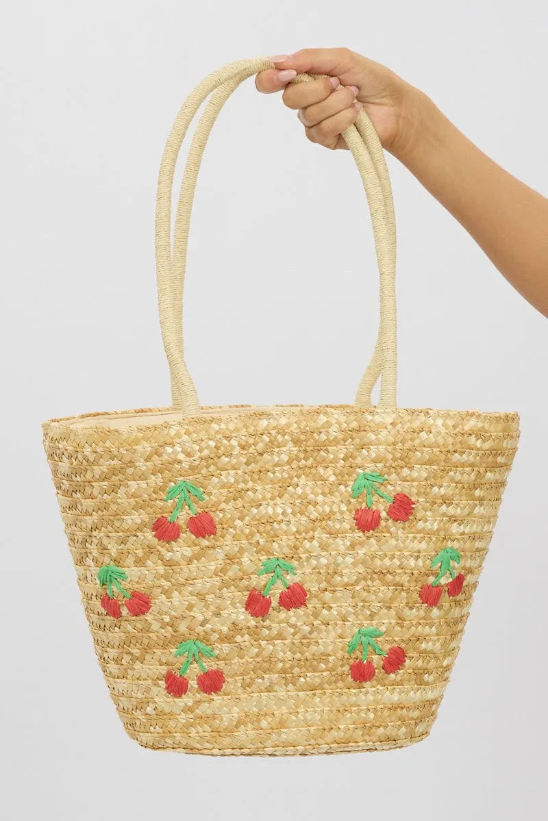 Beige Cherry Straw Tote Bag sold by Ally Fashion