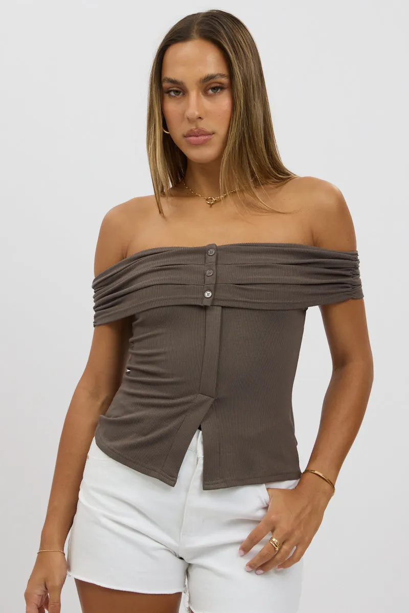 Grey Off Shoulder Top Rib sold by Ally Fashion