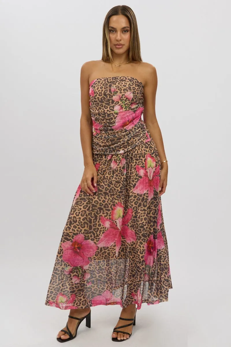 Multi Animal Print Maxi Dress Strapless Drop Waist Mesh sold by Ally Fashion product image thumbnail 3