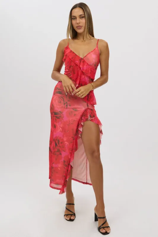 Red Floral Bodycon Dress Ruffle Mesh sold by Ally Fashion