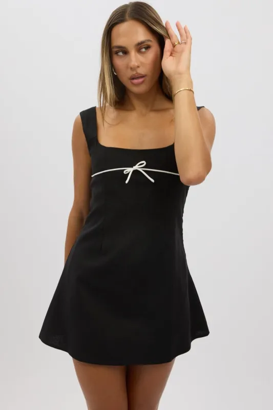 Black Mini Dress Square Neck Mini Ribbon Detail sold by Ally Fashion