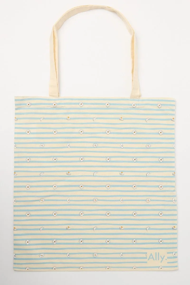 Blue Stripe Tote Bag Printed Daisies sold by Ally Fashion