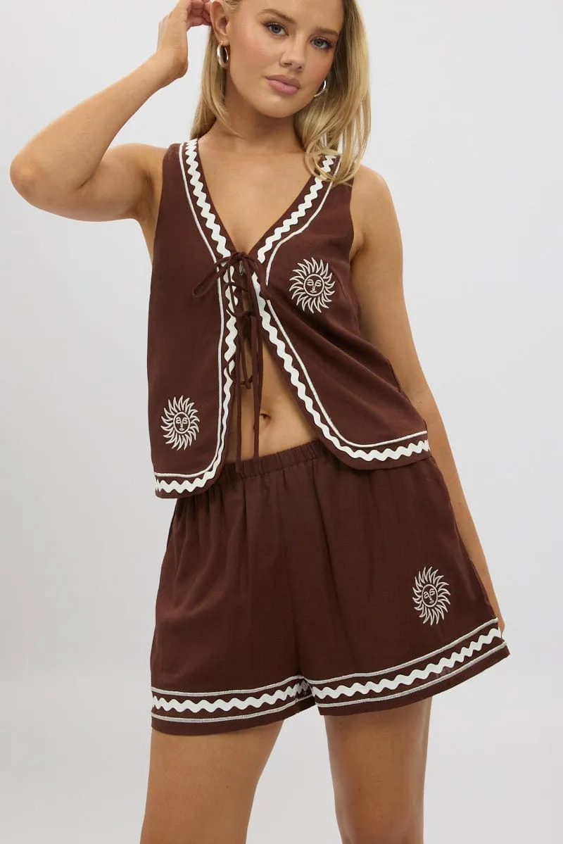 Brown Shorts Elasticated Waist Embroidery sold by Ally Fashion