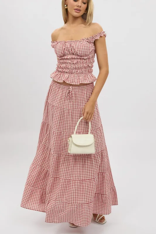 Red Check Maxi Skirt Tiered High Rise sold by Ally Fashion