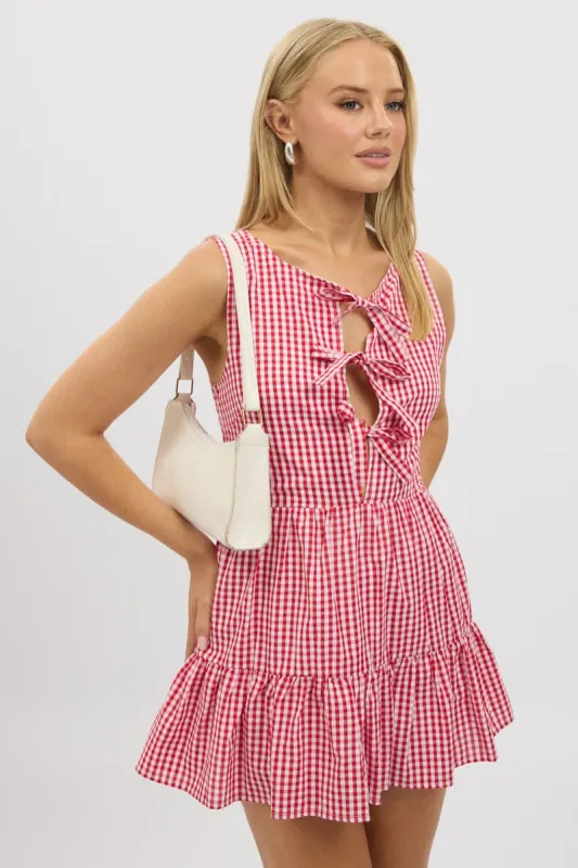Red Check Mini Dress Ribbon Detail sold by Ally Fashion