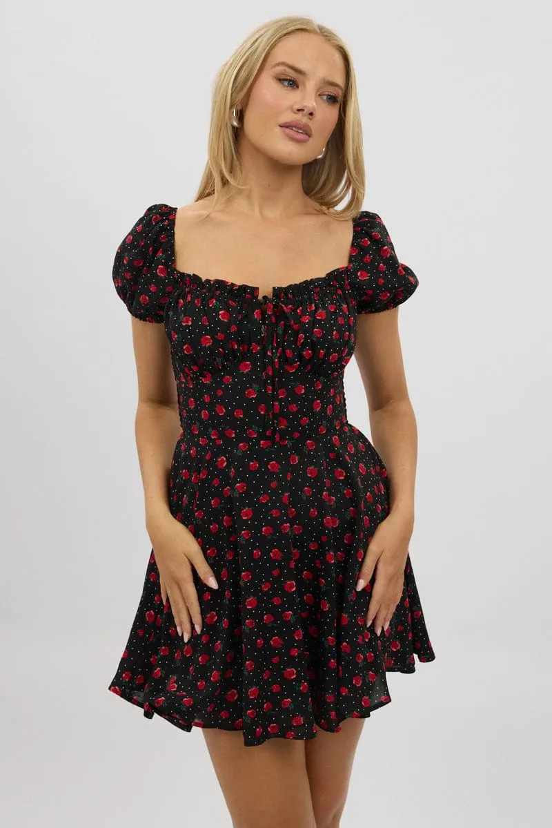 Black Ditsy Fit And Flare Dress Mini sold by Ally Fashion product image thumbnail 3