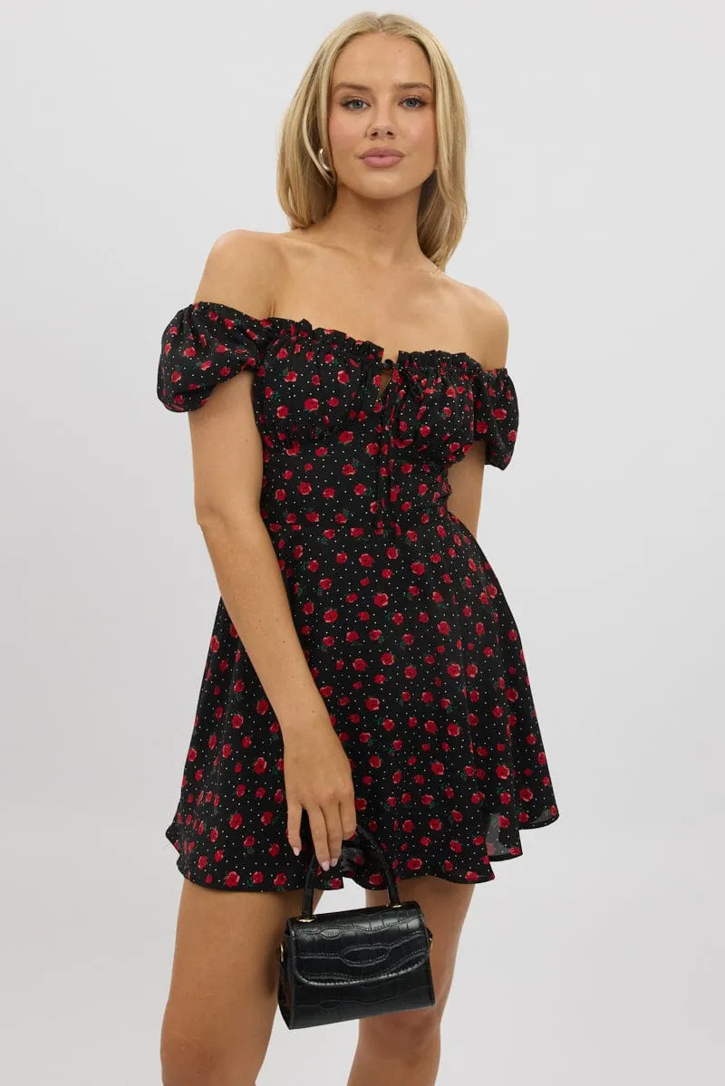 Black Ditsy Fit And Flare Dress Mini sold by Ally Fashion