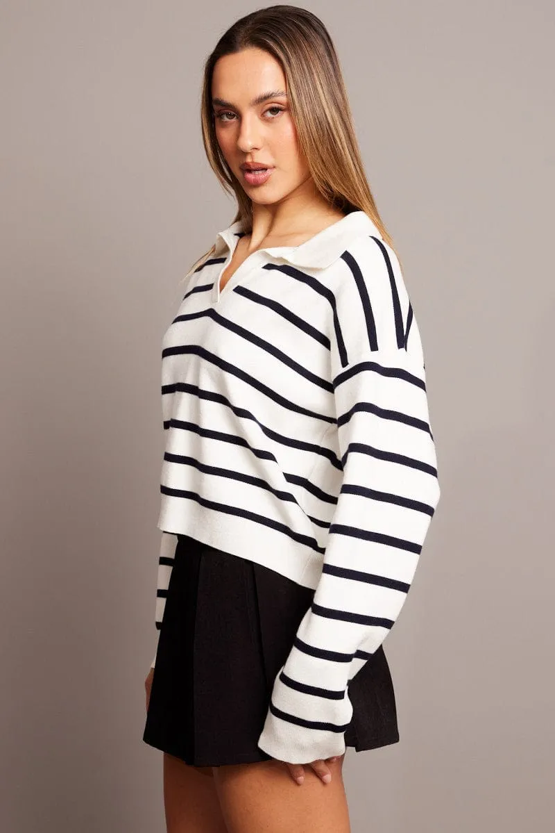 White Stripe Knit Top Long Sleeve Collar sold by Ally Fashion product image thumbnail 4