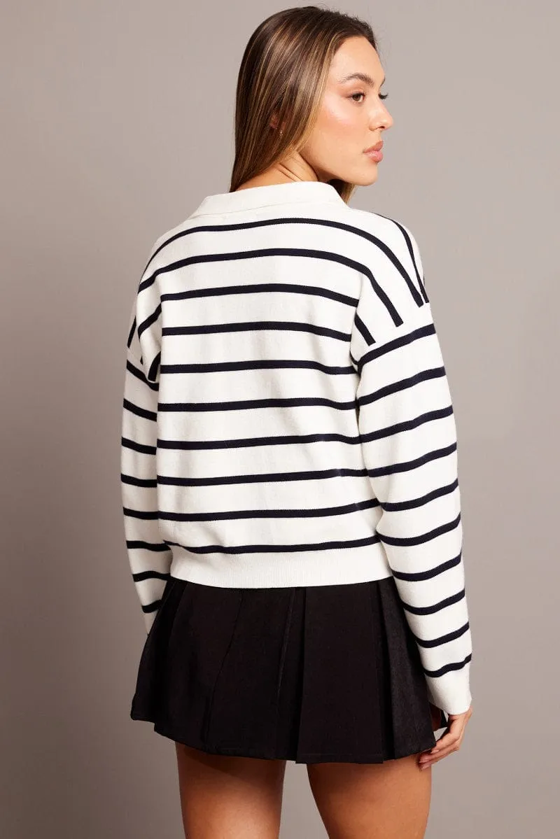 White Stripe Knit Top Long Sleeve Collar sold by Ally Fashion product image thumbnail 5