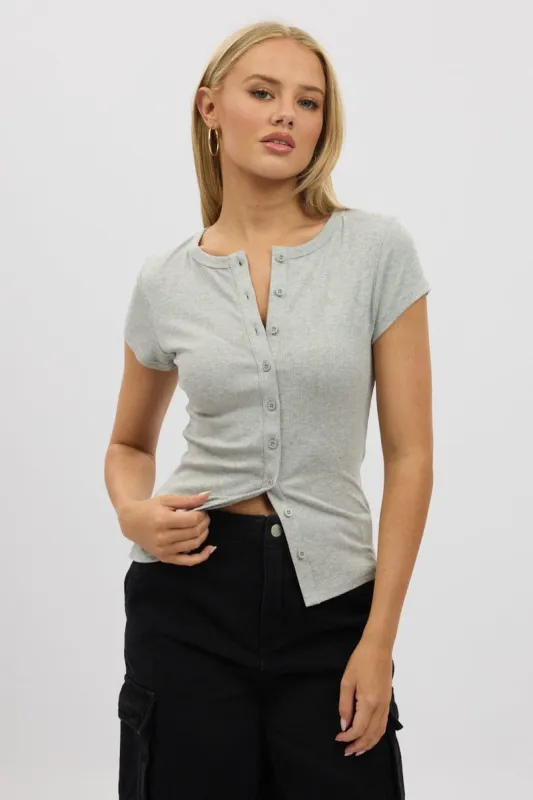 Grey Button Front Top Short Sleeve sold by Ally Fashion