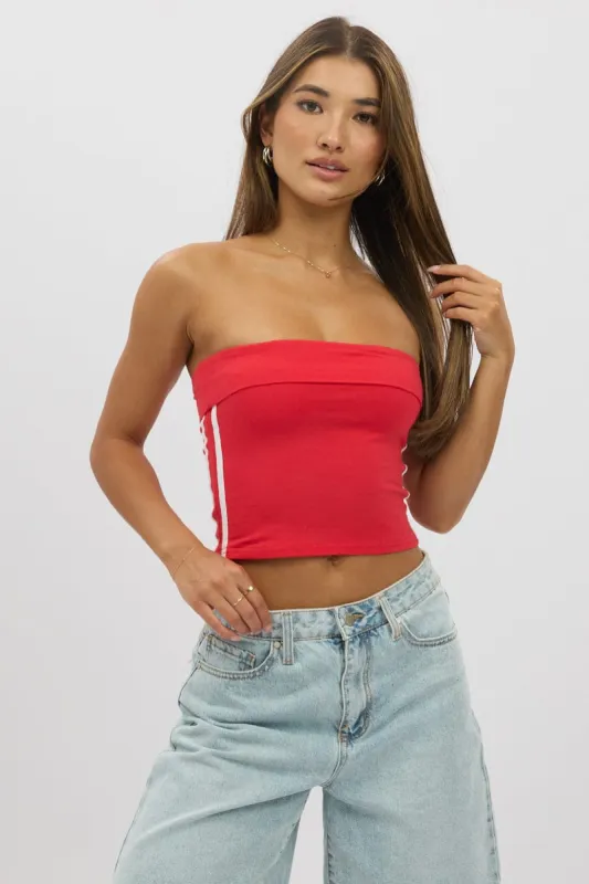 Red Bandeau Top Side Stripe Fold Over sold by Ally Fashion