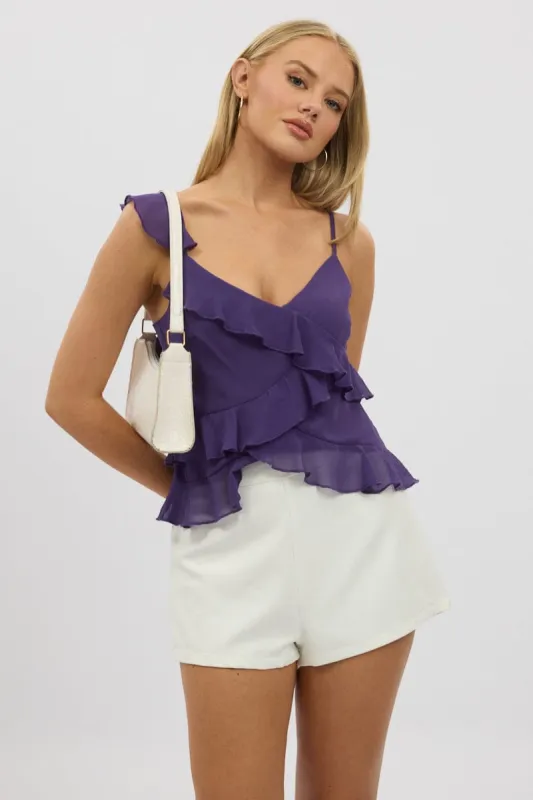Purple Cami Top Sleeveless Crossover Ruffled Details sold by Ally Fashion
