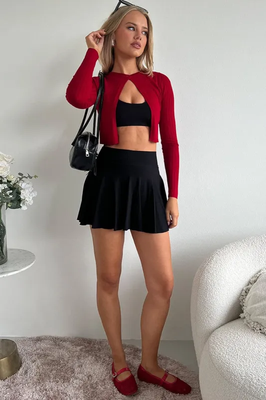 Black Seamless Flare Skort Elastic Waist Lined sold by Ally Fashion