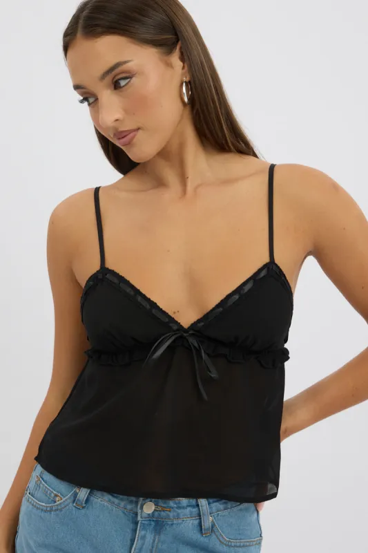 Black Lace Tape Cami Sleeveless Sweetheart Satin sold by Ally Fashion