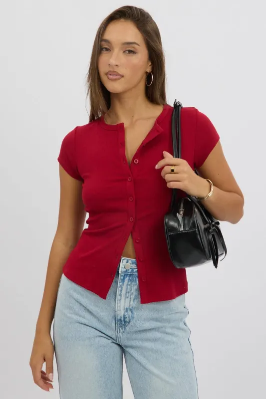 Red Button Front Top Short Sleeve sold by Ally Fashion