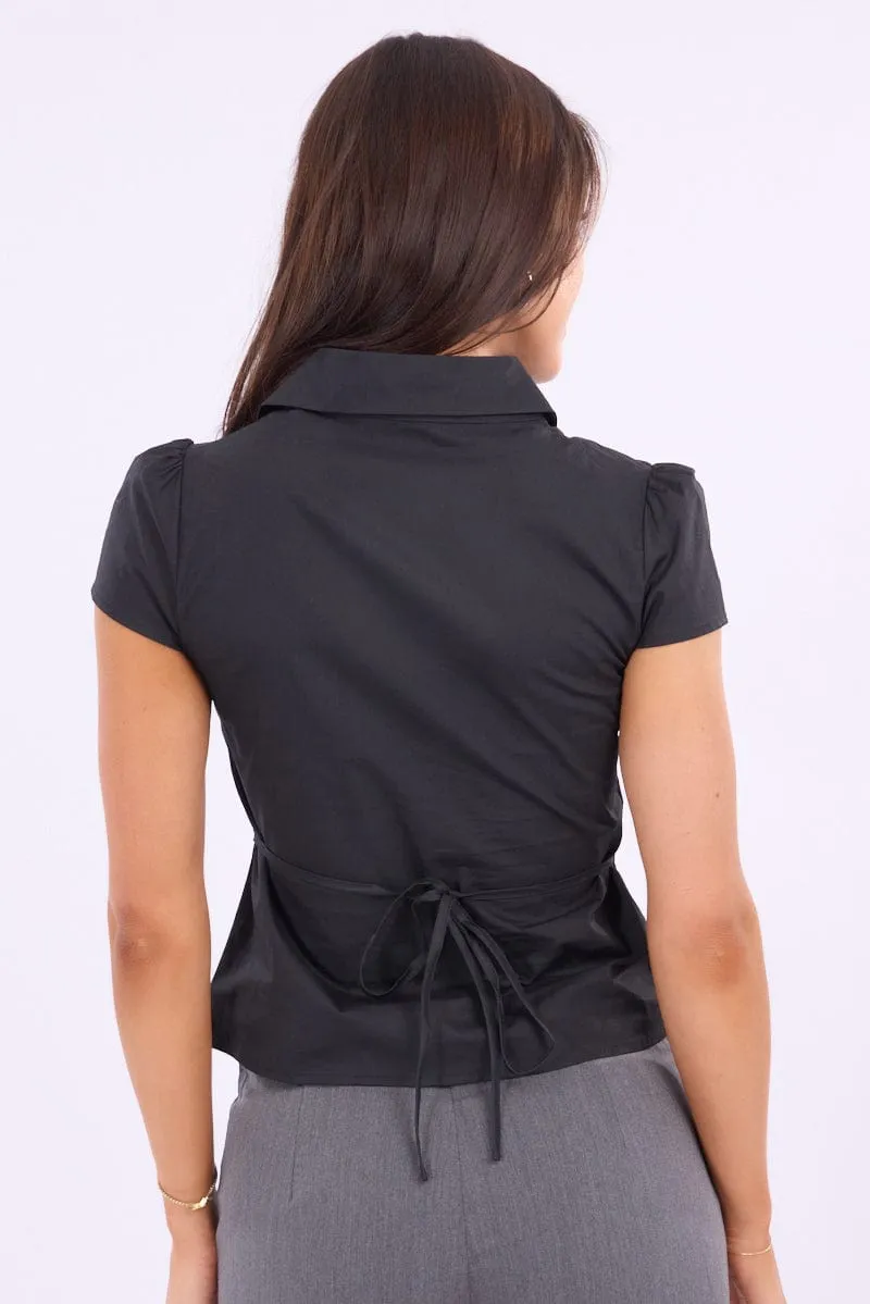 Black Button Up Shirt Short Sleeve Collared Tie Back sold by Ally Fashion product image thumbnail 5