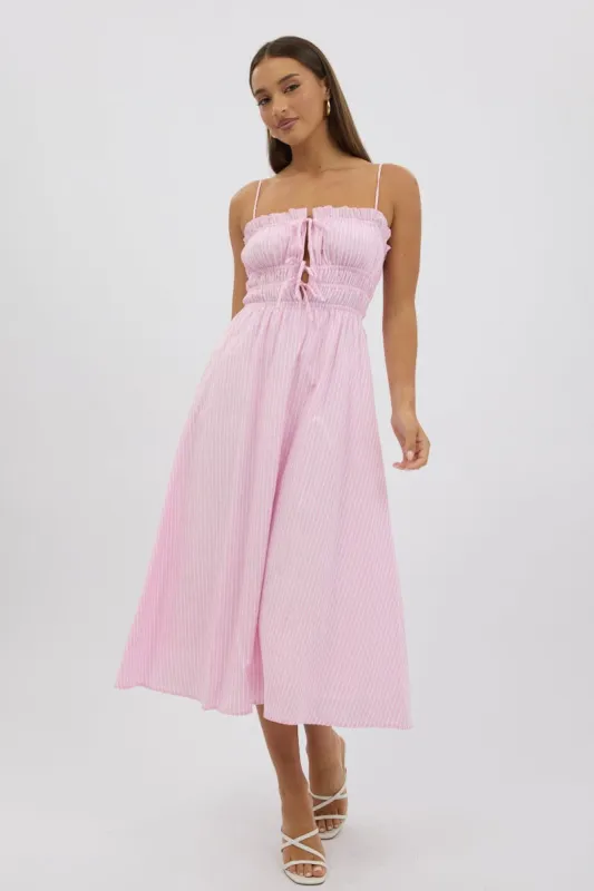 Pink Stripe Midi Dress Ribbon Detail Strappy sold by Ally Fashion