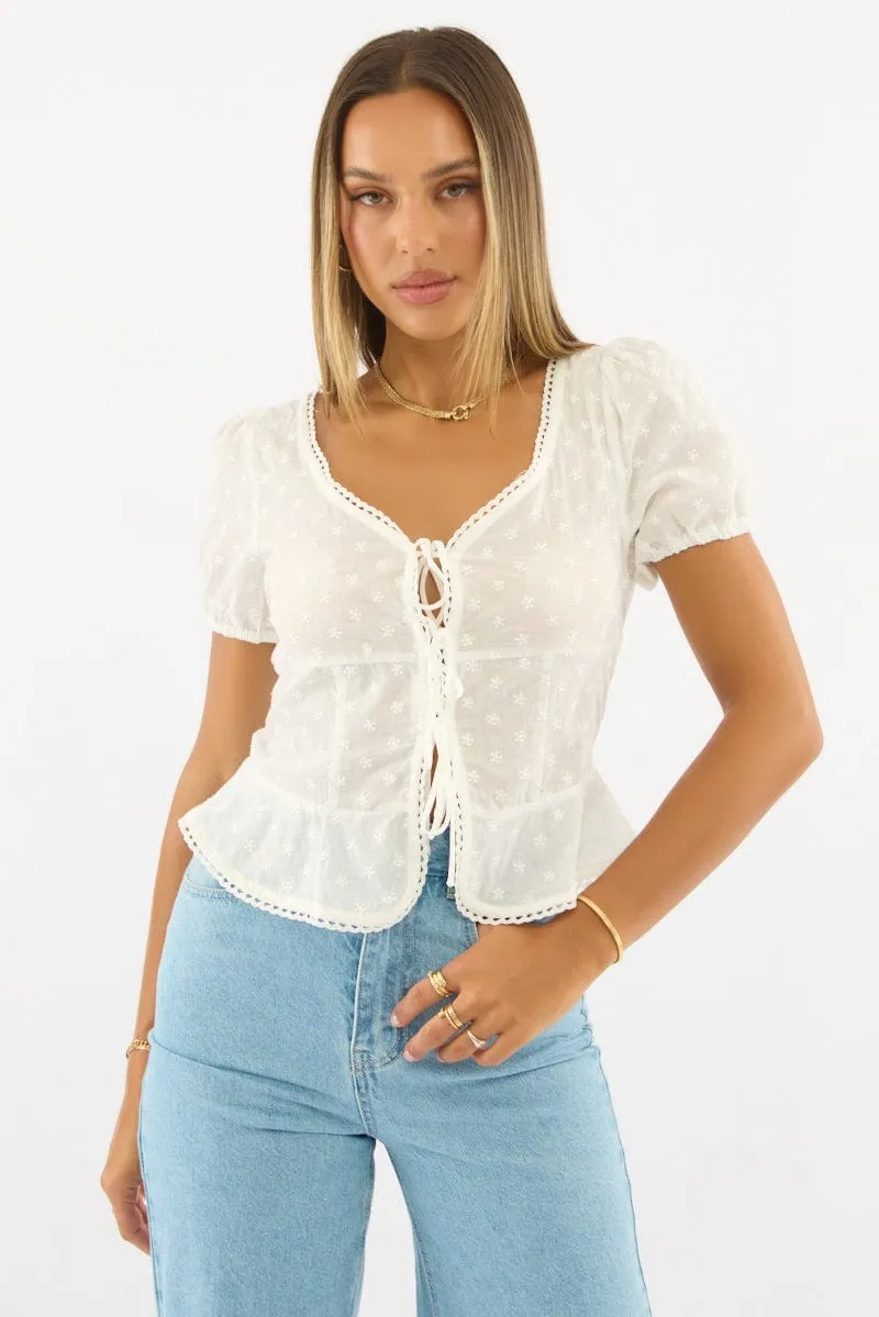 White Tie Up Top Short Sleeve Eyelet sold by Ally Fashion