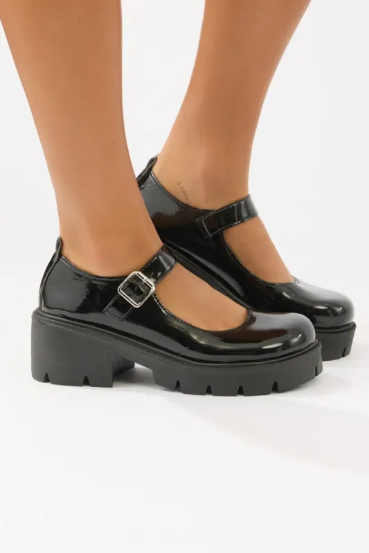 Black Chunky Mary Janes in Patent sold by Ally Fashion