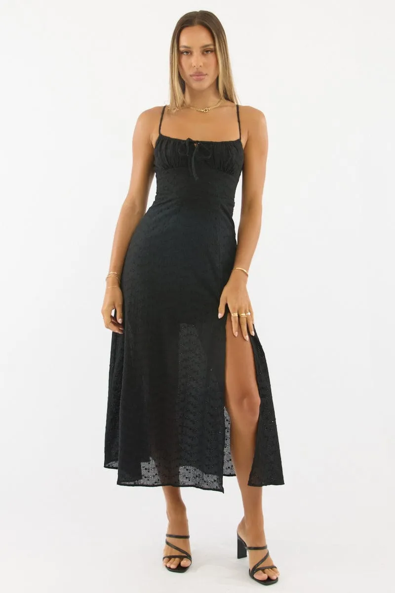 Black Midi Dress Gathered Bust Eyelet Fabric sold by Ally Fashion