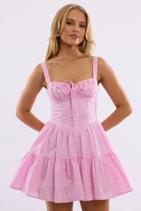 Pink Stripe Fit And Flare Dress Mini Gathered Bust sold by Ally Fashion